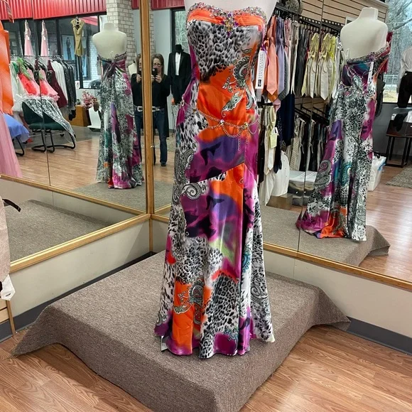 slim fit dress slacks Poly USA 9182 Fitted Multicolor Sequin Slit Gown main image 1